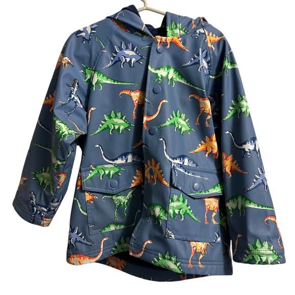 HATLEY Pottery Barn Kids Blue Fleece Lined Hooded Dinosaur Rain Coat Jacket 4 - Picture 1 of 6